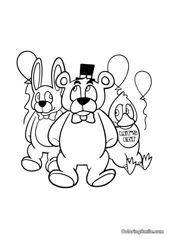 Freddy, Bonnie und Chica mit Ballons - Ausmalbild