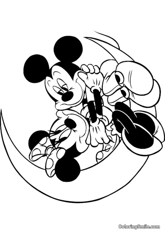 Liebende Mickey und Minnie auf dem Mond - Ausmalbild