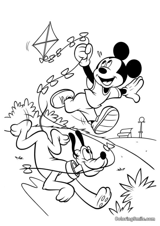 Mickey Maus und Goofy mit einem Drachen - Ausmalbild