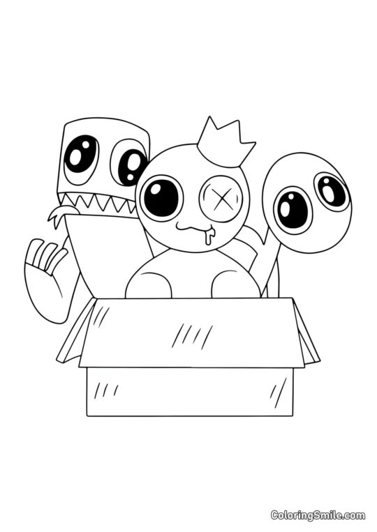 Blau, Grün und Lila sitzen in einer Kiste - Ausmalbild