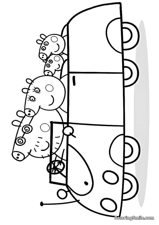 Peppa mit Familie im Auto - Ausmalbild