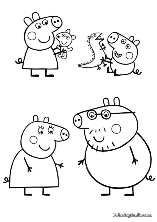 Peppa, George, Mama und Papa - Ausmalbild