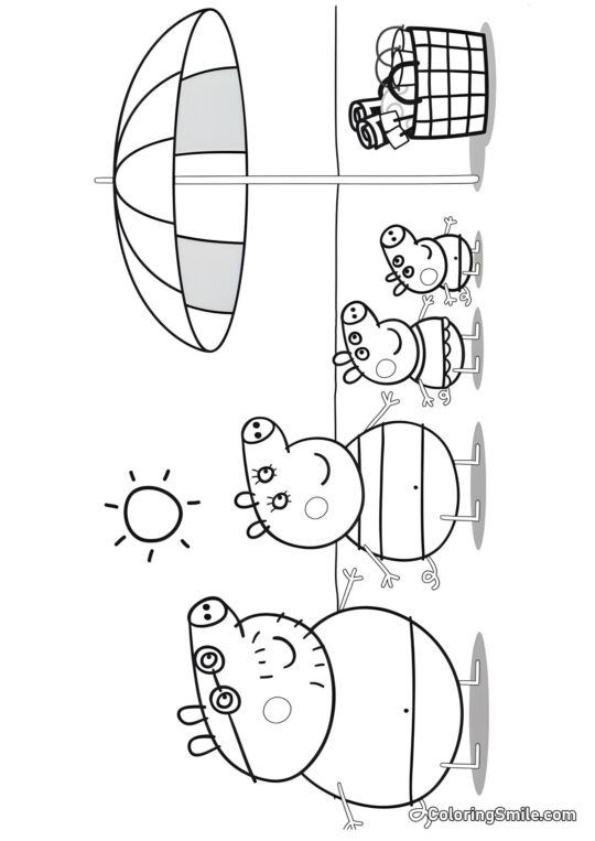 Peppa mit Familie am Strand - Ausmalbild