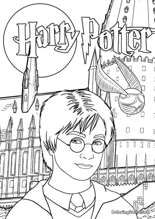 Harry Potter vor dem Hintergrund des Schlosses - Ausmalbild