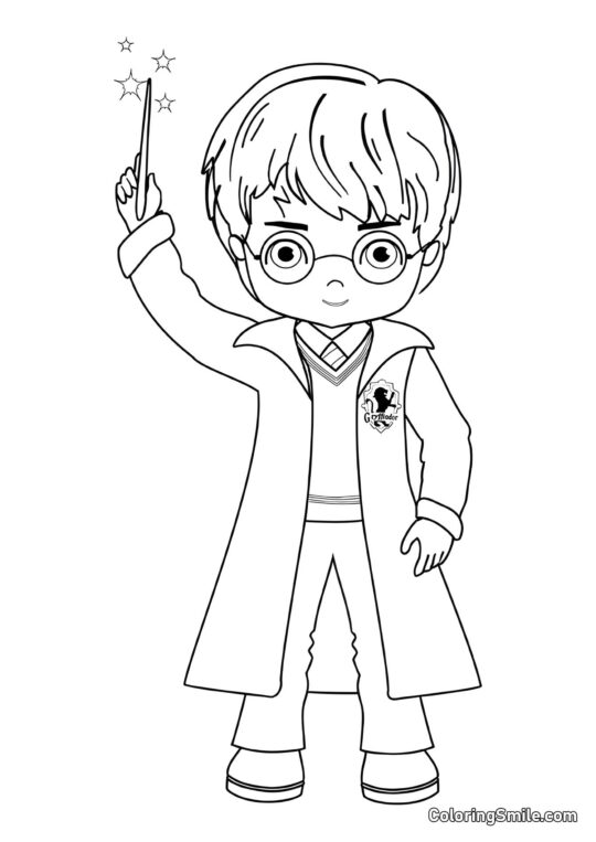 Cartoon Harry Potter mit einem Zauberstab - Ausmalbild