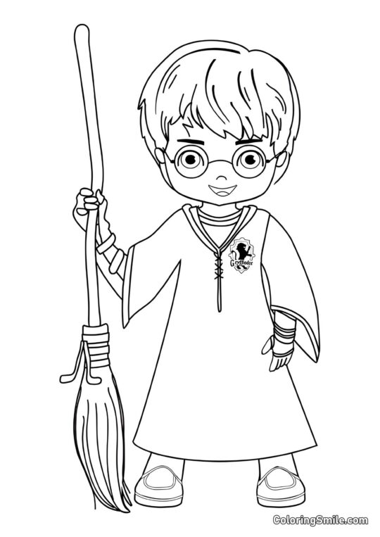 Cartoon Harry Potter mit einem Besen - Ausmalbild