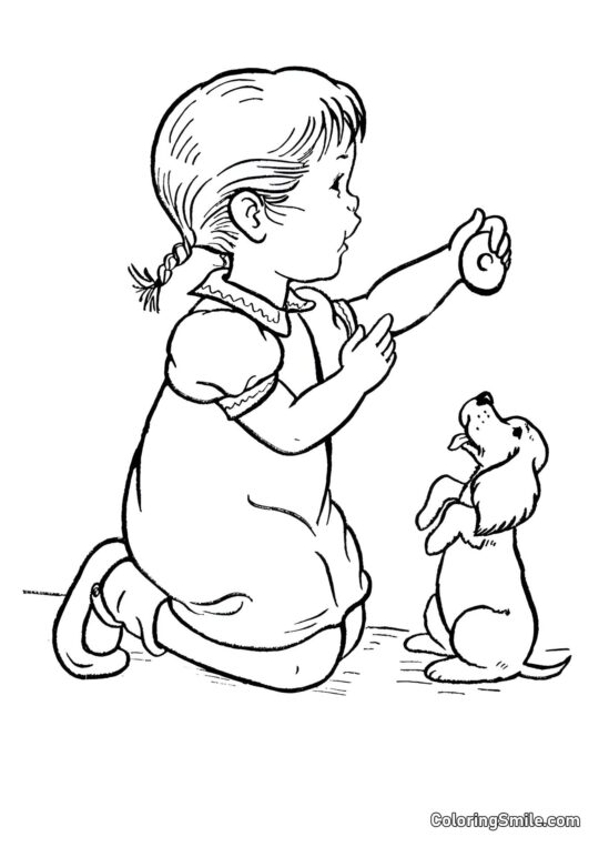 Mädchen behandelt ihren Hund - Ausmalbild