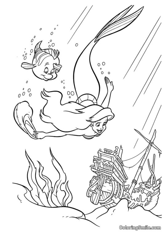 Meerjungfrau und gesunkenes Schiff - Ausmalbild