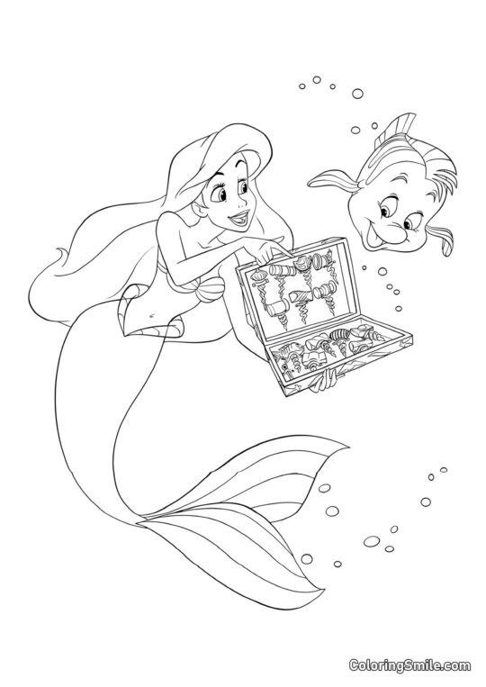 Ariel zeigt Flunder ihre Funde - Ausmalbild