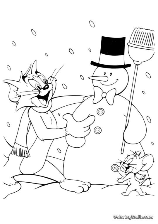 Tom und Jerry bauen einen Schneemann - Ausmalbild