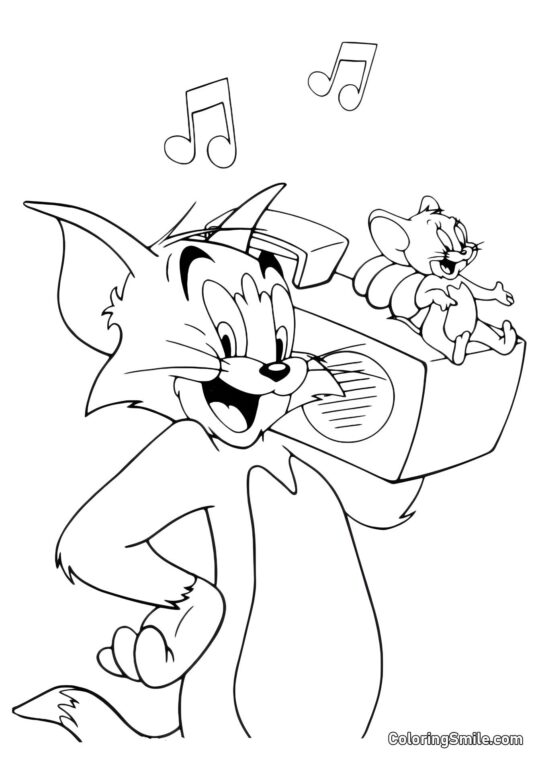 Tom und Jerry hören Musik - Ausmalbild
