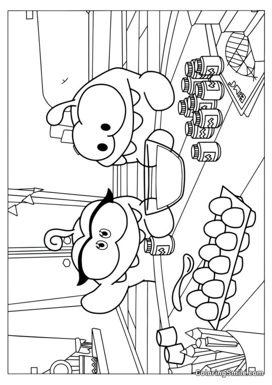 Om Nom und Om Nelle beim Bemalen von Ostereiern - Ausmalbild