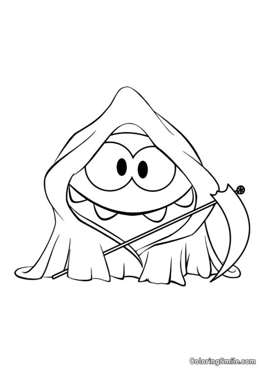 Om Nom mit einer Sense an Halloween - Ausmalbild