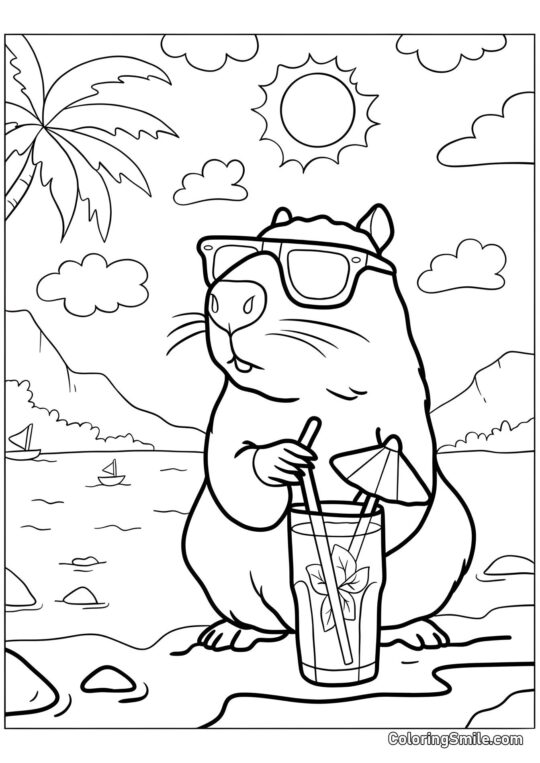Capybara mit Brille am Strand - Ausmalbild