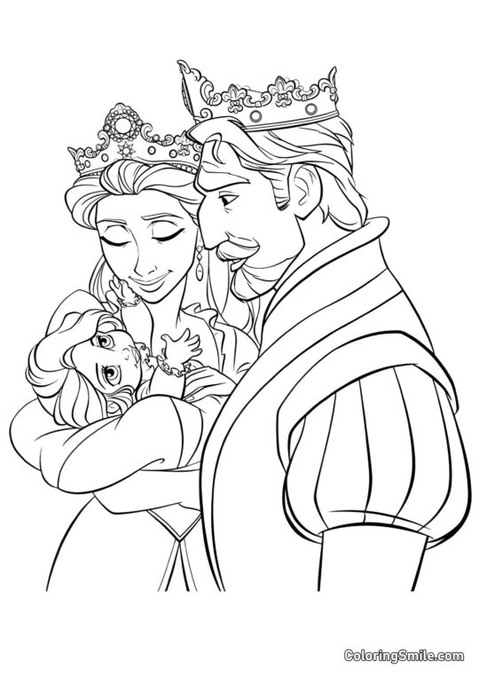 Kleine Rapunzel in den Armen der Eltern Kleine Rapunzel in den Armen der Eltern - Ausmalbild