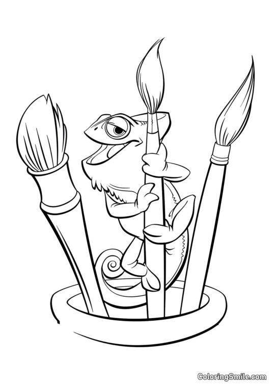 Chamäleon Pascal und Aquarellpinsel Chamäleon Pascal und Aquarellpinsel - Ausmalbild