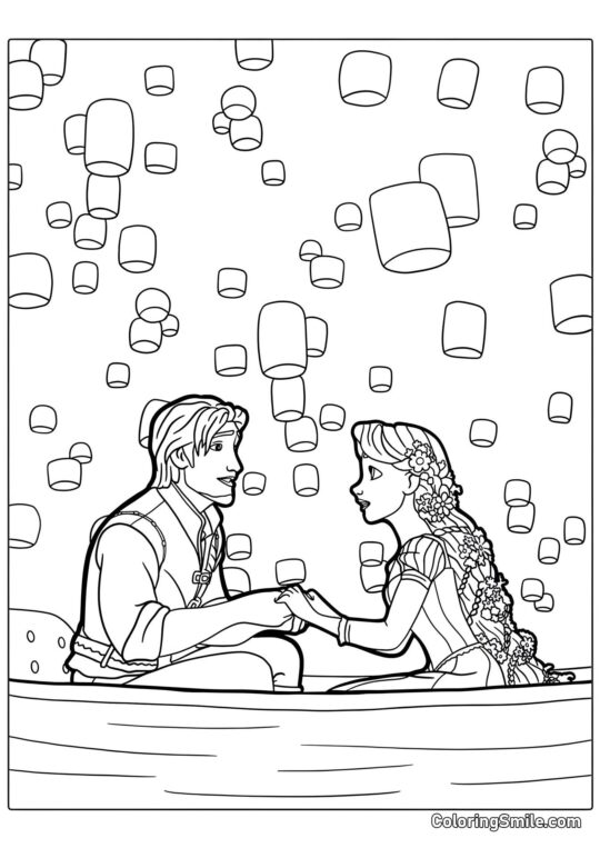 Eugene, Rapunzel und Laternen Eugene, Rapunzel und Laternen - Ausmalbild