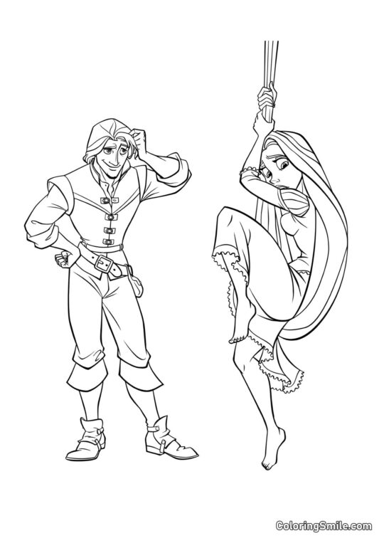 Rapunzel lässt sich mit Haaren von Flynn herab Rapunzel lässt sich mit Haaren von Flynn herab - Ausmalbild