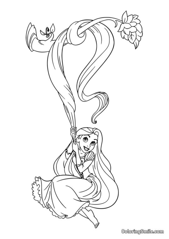 Rapunzel hängt an einem Ast Rapunzel hängt an einem Ast - Ausmalbild