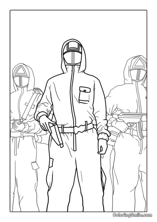 Drei Wächter aus Squid Game - Ausmalbild