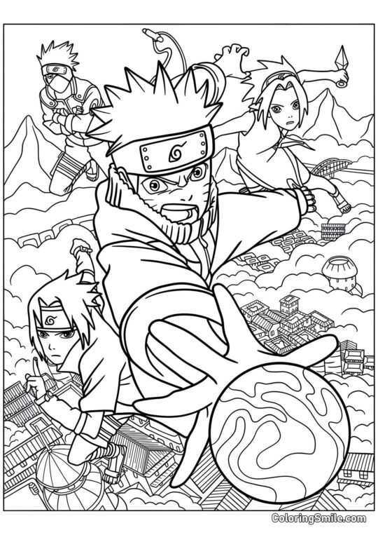 Naruto, Sasuke, Sakura und Kakashi im Kampf - Ausmalbild