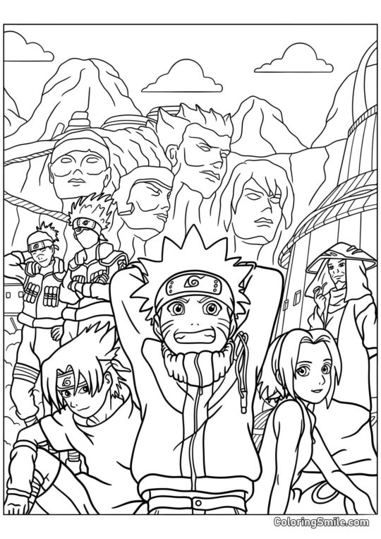 Team Sieben mit Kakashi, Iruka und dem dritten Hokage - Ausmalbild