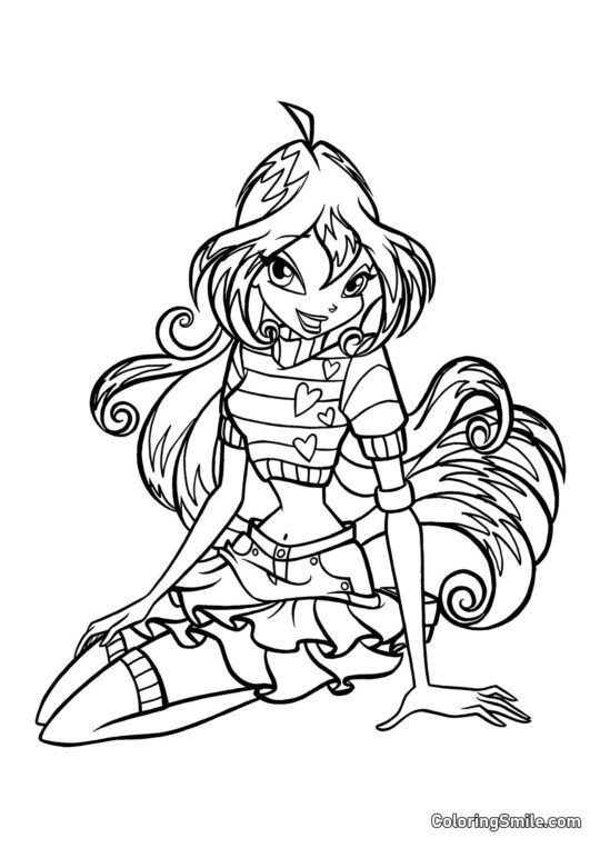 Bloom sitzt und lächelt - Ausmalbild