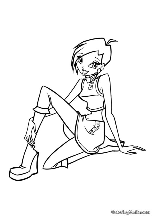 Tecna sitzt auf dem Boden - Ausmalbild