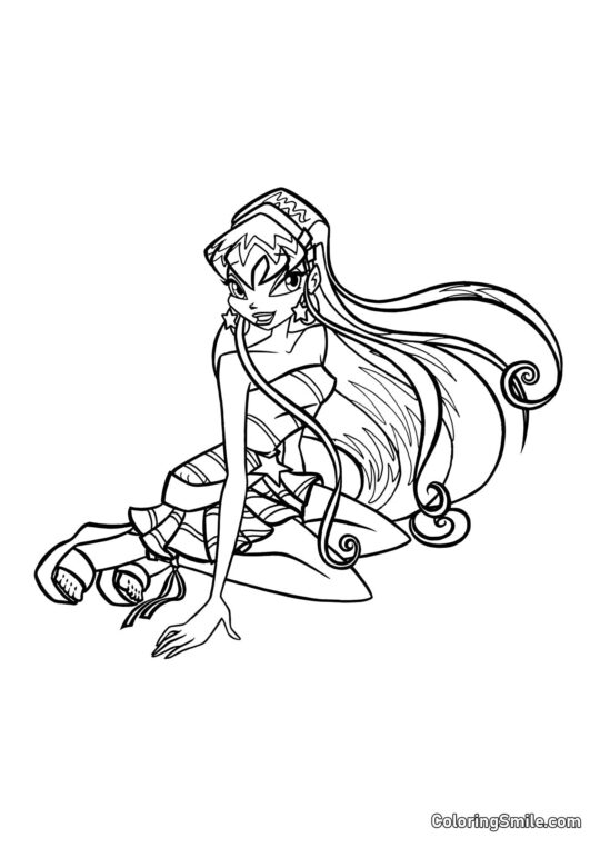 Stella sitzt auf dem Boden - Ausmalbild