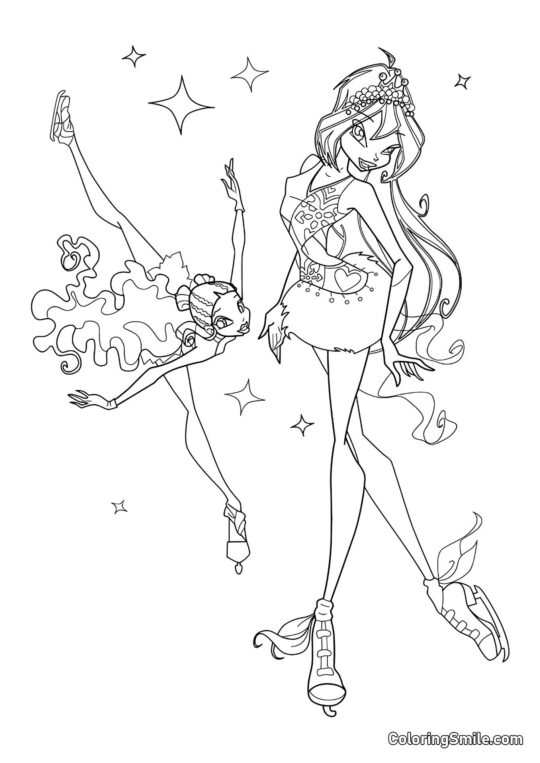 Layla und Bloom auf Schlittschuhen - Ausmalbild