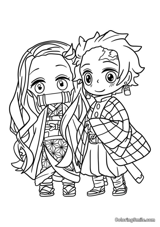 Chibi Tanjiro und Nezuko - Ausmalbild