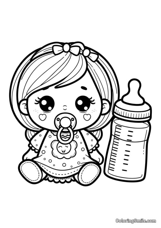 Puppe mit Schnuller und Flasche - Ausmalbild