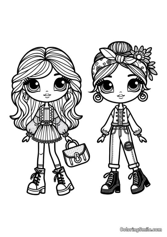 Modische Puppenfreunde - Ausmalbild