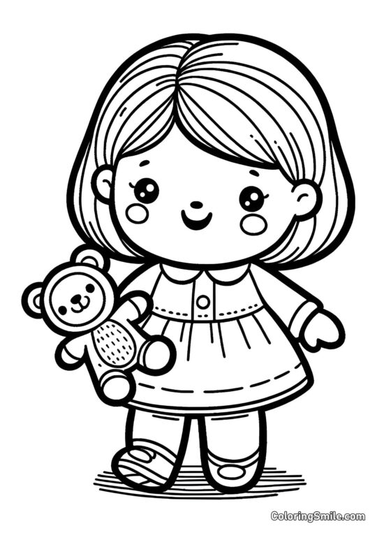 Puppe mit Spielzeug in der Hand - Ausmalbild