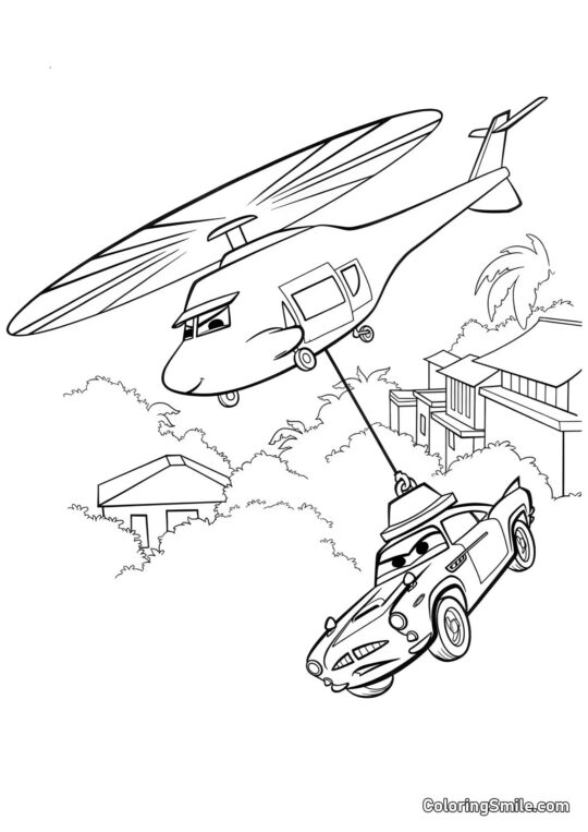 Auto wird mit einem Hubschrauber transportiert Auto wird mit einem Hubschrauber transportiert - Ausmalbild