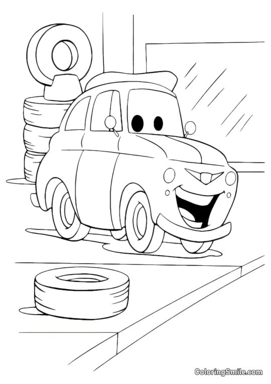 Autos in der Reifenwerkstatt Autos in der Reifenwerkstatt - Ausmalbild