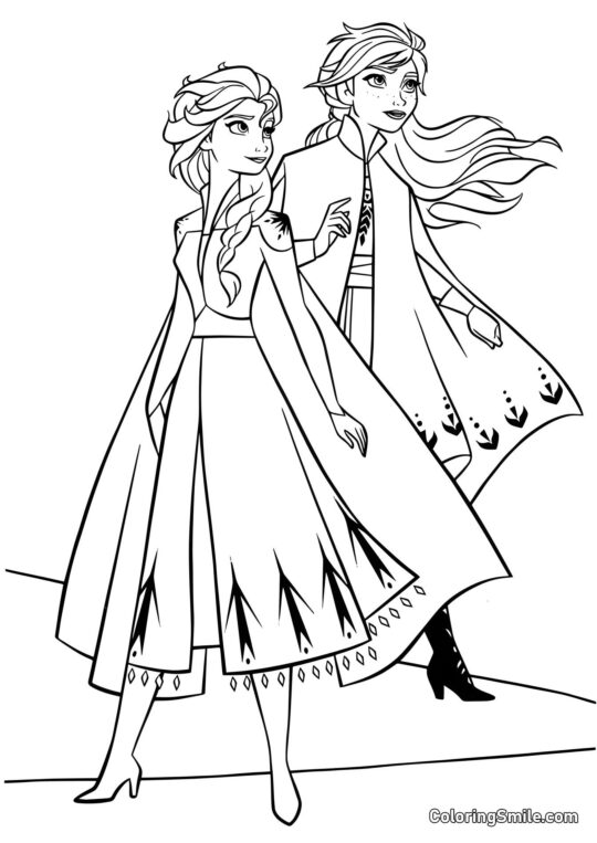 Anna und Elsa auf dem Weg zum Verzauberten Wald - Ausmalbild