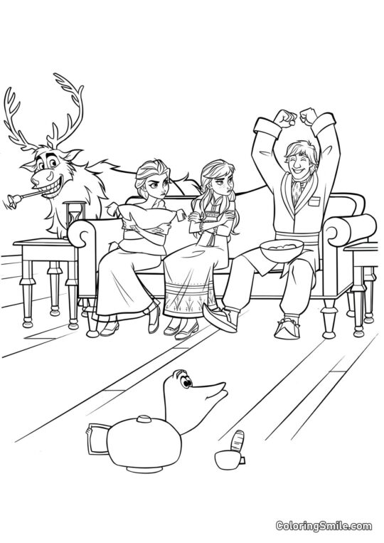 Die Charaktere aus Die Eiskönigin 2 spielen Krokodil - Ausmalbild