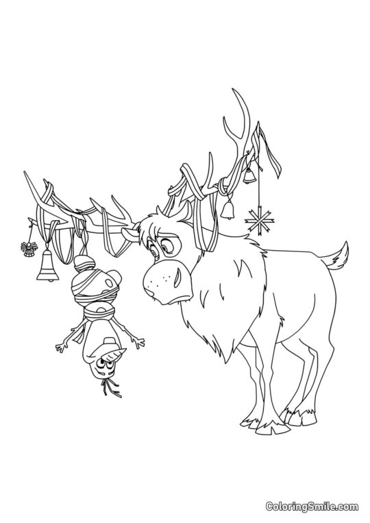 Olaf hängt an Svens Hörnern - Ausmalbild